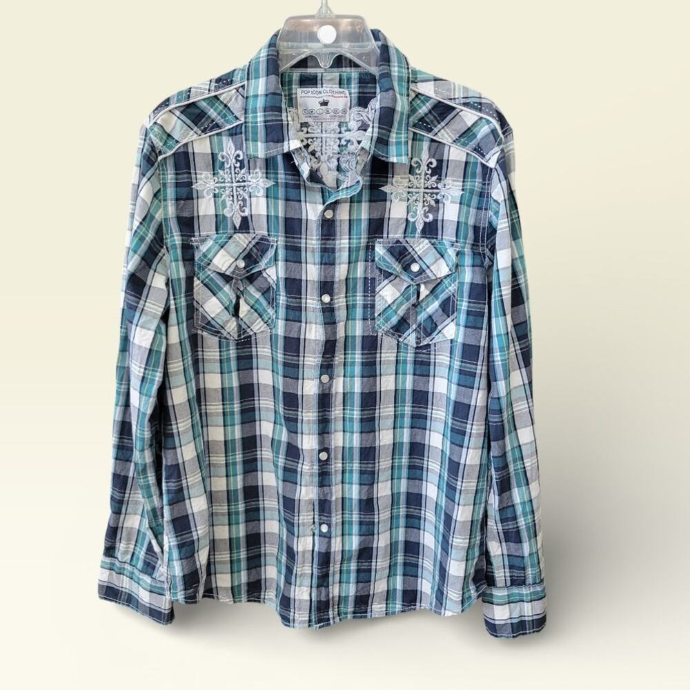 Buckle Pop Icon Sz Large Mens Plaid Pearl Snap Embroidered Western Rodeo Grunge